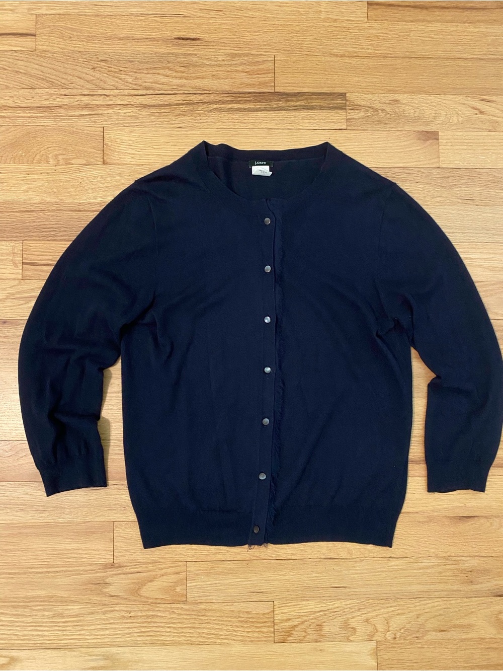 J. Crew Navy Blue Cotton Cashmere Fringe Trim Cardigan Sweater M